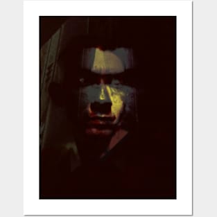 Portrait, digital collage and special processing. Man face. Very weird. Dim, some blood, glowing eyes. Posters and Art